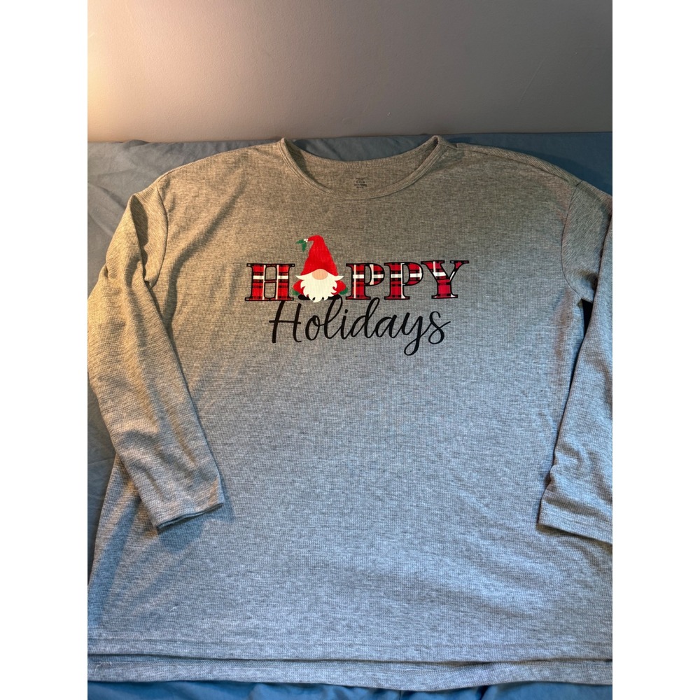 Holiday Time Womens XL Gray Happy Holidays Gnome‎ Waffle Knit Thermal Top